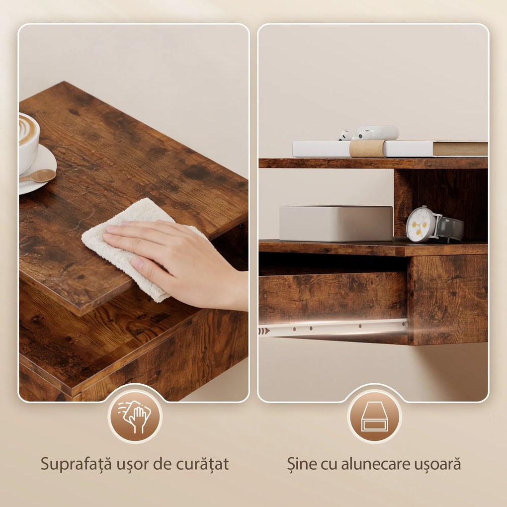 HOMCOM Set de 2 Noptiere Suspendate cu Sertar și Raft Deschis, 35x32x22.5 cm, Maro Rustic | Aosom Romania