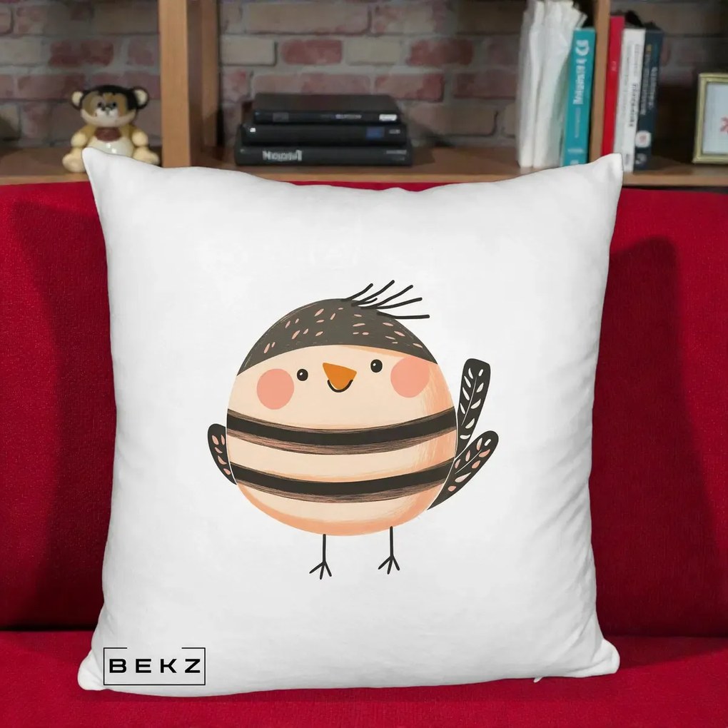 Perna Decorativa Pui Kawaii Bej-Negru Dungat, 40x40 cm, Alb Pufos, Husa Detasabila, Perna Inclusa, BEKZ®