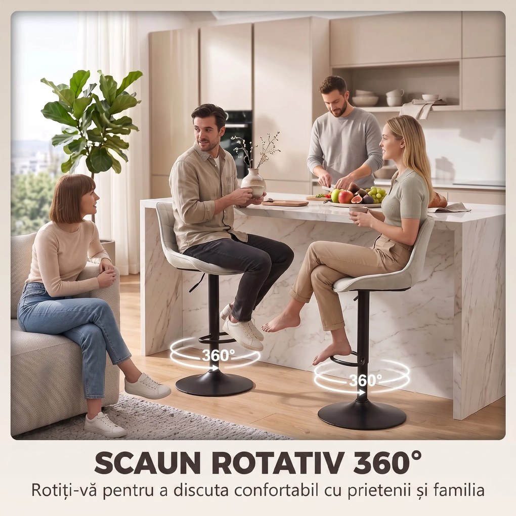 HOMCOM Set de 2 Scaune de Bar rotative și Reglabile, Alb Crem | Aosom Romania