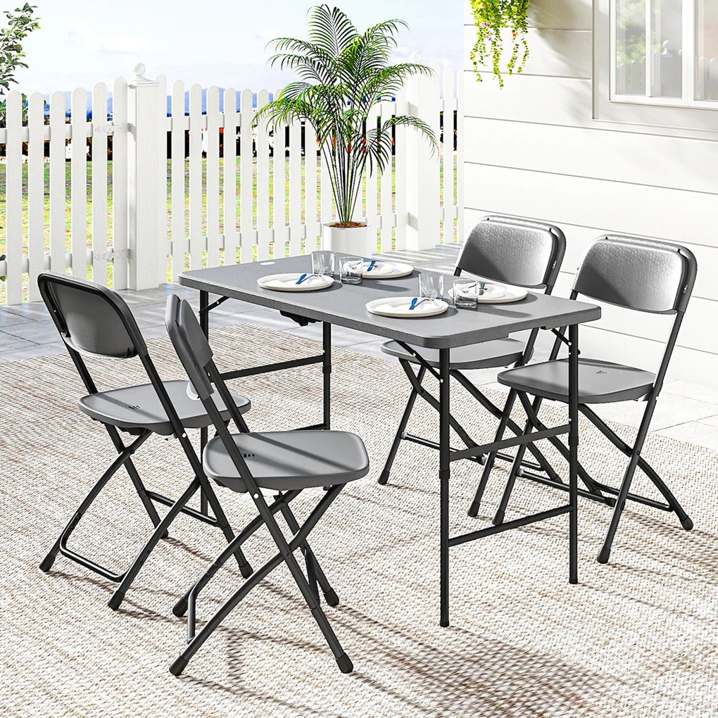 Outsunny Set Masă și Scaune Pliabile de Grădină, 5 Piese, Masă Reglabilă cu Blat HDPE Efect Lemn și 4 Scaune, Set Mobilier Exterior pentru Terasă și Balcon, Gri Închis | Aosom Romania