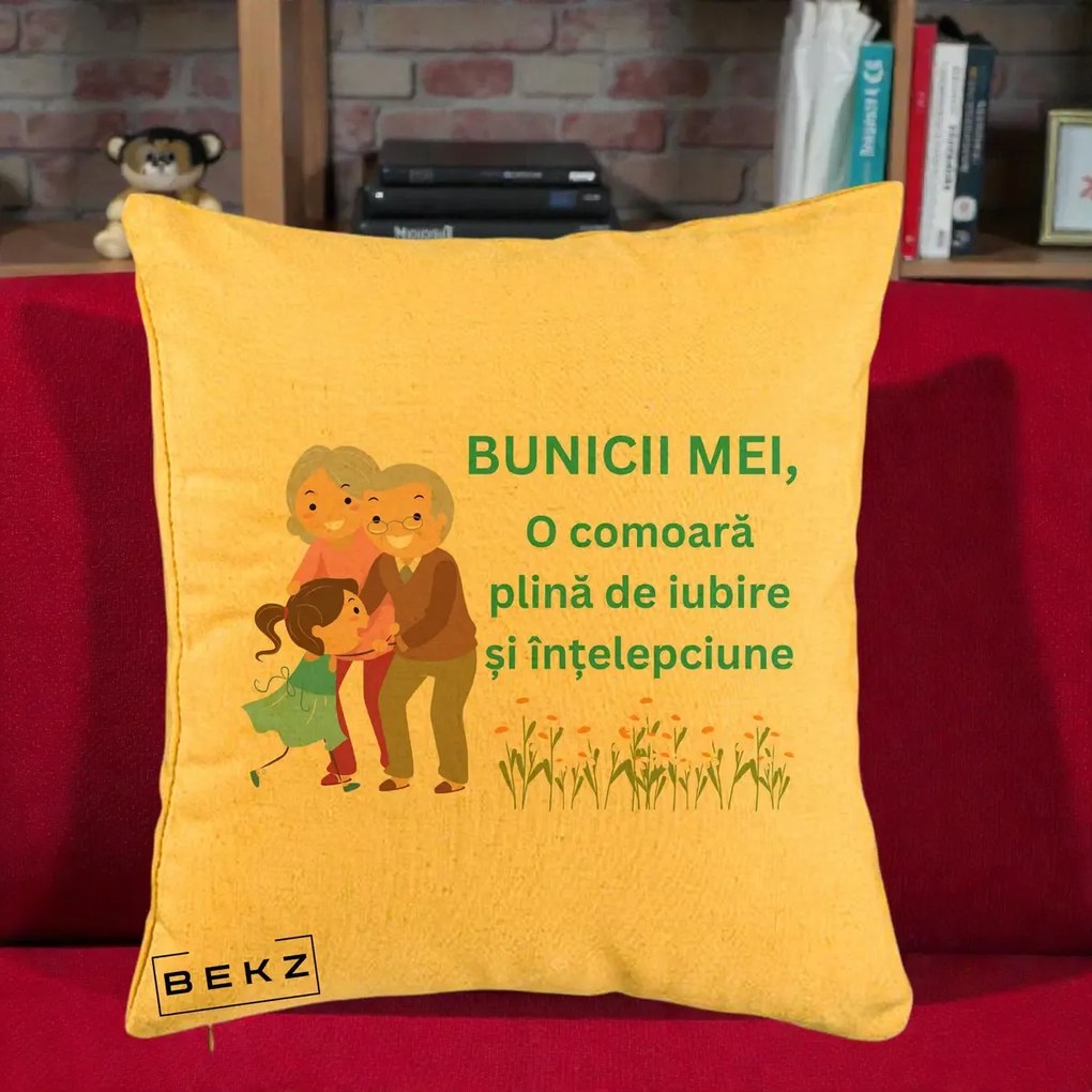 Cadou pentru Bunici - Perna Personalizata Bunicii Mei Comoara Iubire Intelepciune Nepoata, 40x40 cm, Galben, Husa Detasabila, Perna Inclusa, BEKZ®
