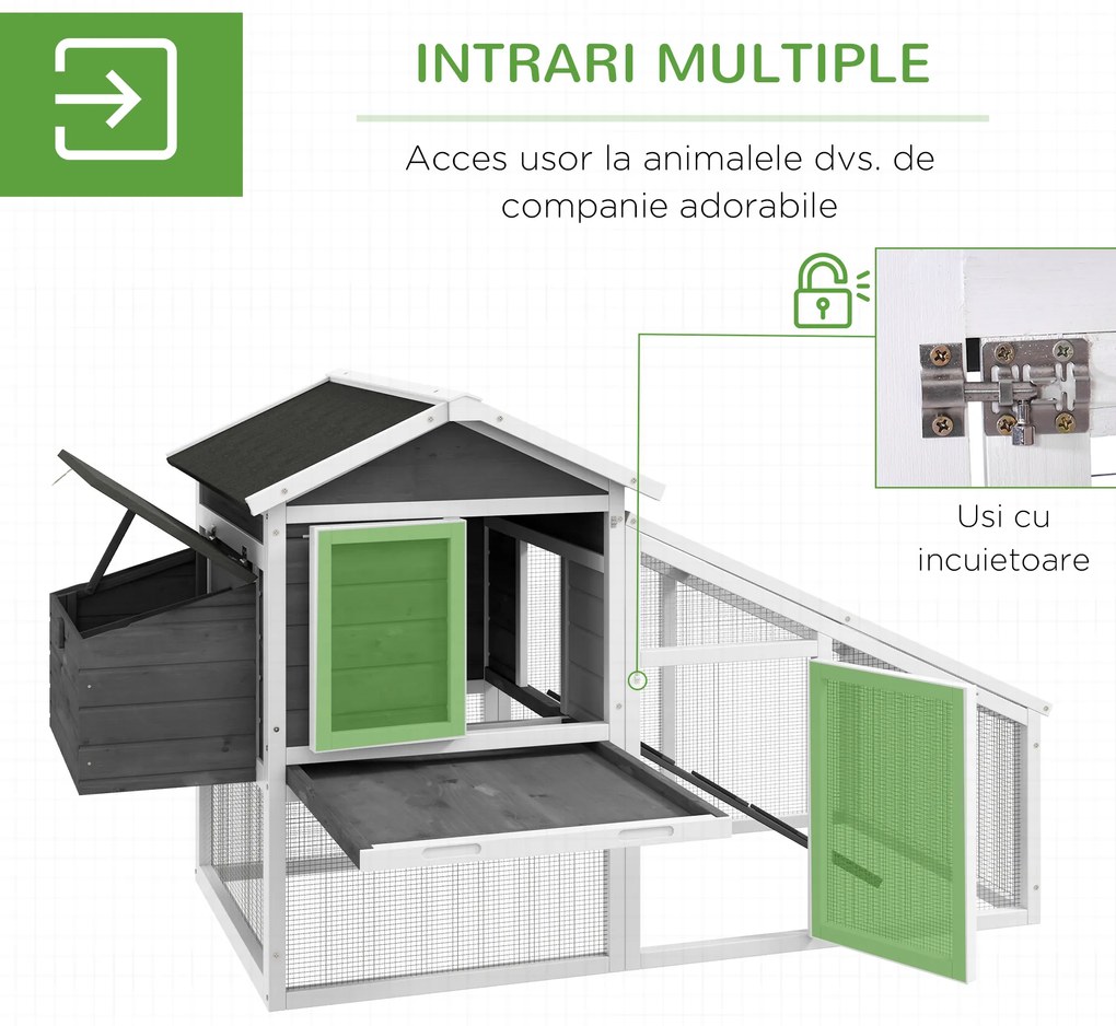 PawHut Cusca pentru Gaini Outoare sau Rate, Cotet Prefabricat din Lemn de Brad cu Acoperis Impermeabil, 178x95x100 cm, Gri