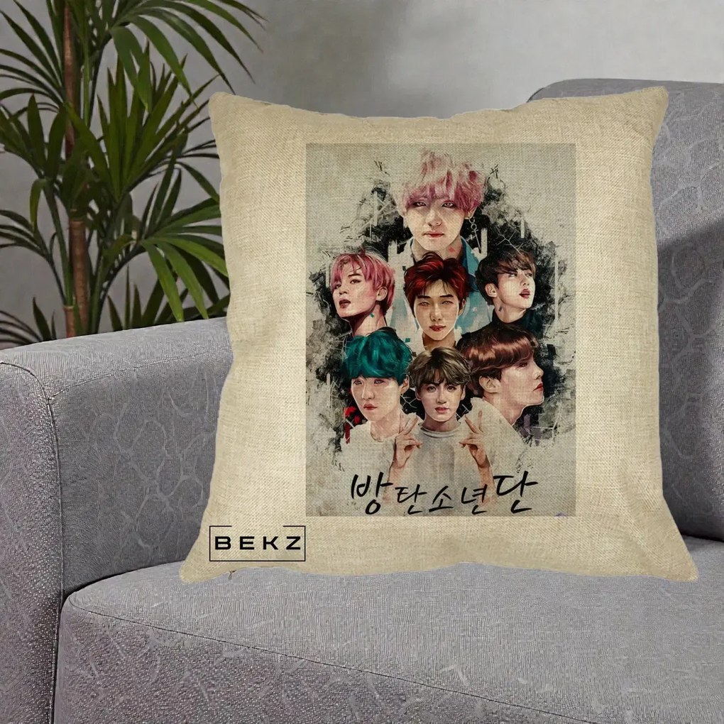 Perna Personalizata K-pop BTS Bangtan Boys Poster Artistic Negru Alb, 40x40 cm, Crem, Husa Detasabila, Perna Inclusa, BEKZ®