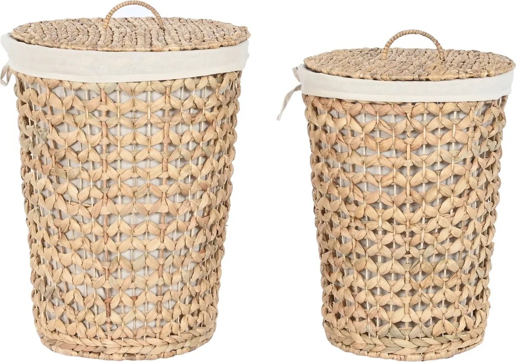 Set 2 coșuri de rufe din stuf și bumbac, maro, cu capac, finisaj natural, 58 x 40 x 40 cm, „Wasigny”