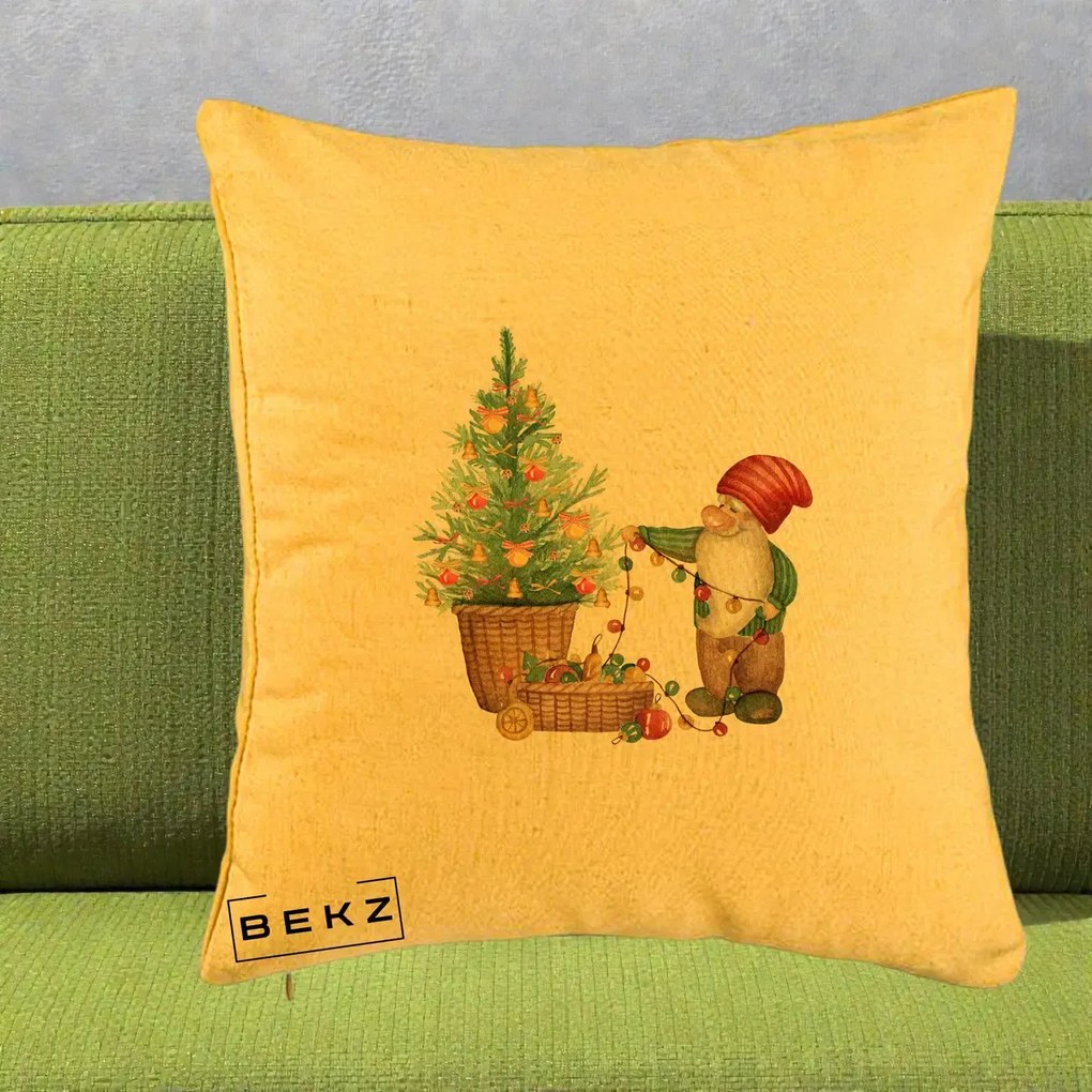 Perna Decorativa Pitic de Craciun cu Brad, 40x40 cm, Galben, Husa Detasabila, Perna Inclusa, BEKZ®