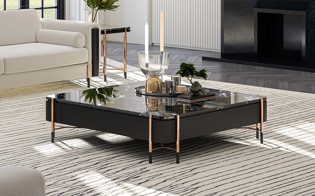 Masă lemn masiv Cafea Calista Negru-Rose Gold L 120 x A 120 x H 35 cm - Marmura naturala
