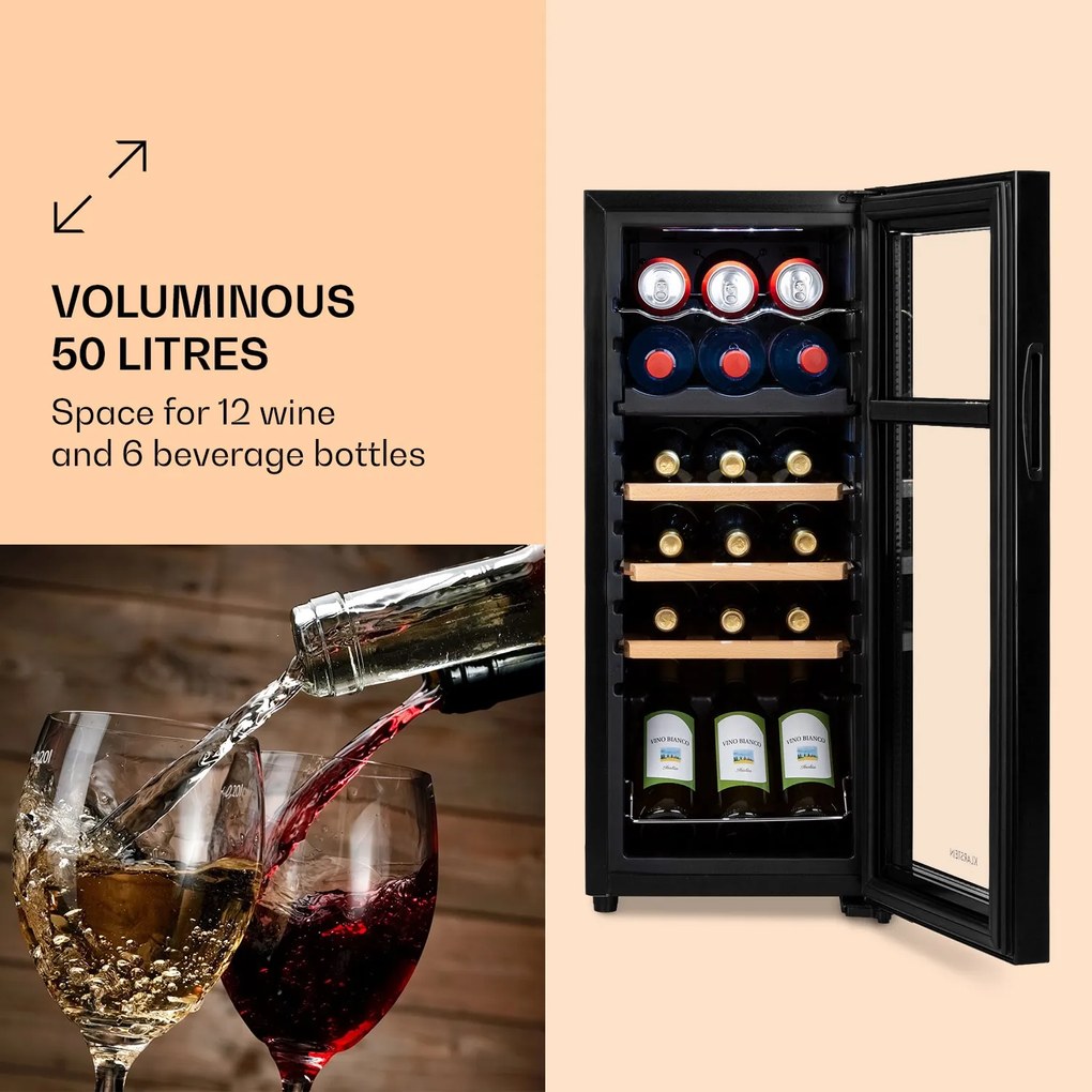 Klarstein Bovella 18 Duo+, frigider de vin cu două zone, 50l, 18 sticle, ușă de sticlă