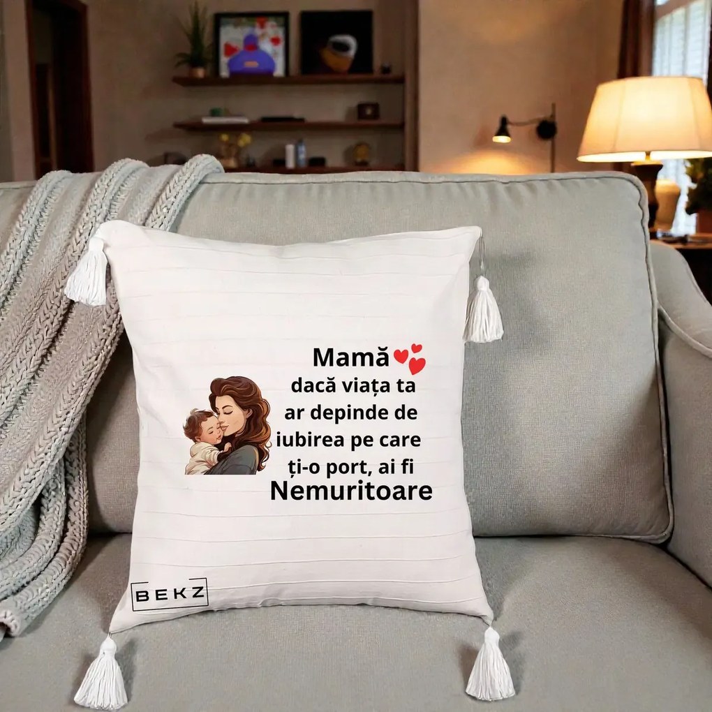 Cadou pentru Mama - Perna Personalizata Mama Nemuritoare cu Bebelus, 40x40 cm, Bej cu Franjuri, Husa Detasabila, Perna Inclusa, BEKZ®