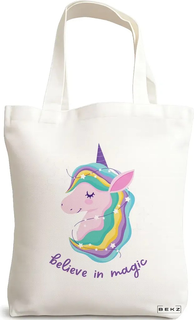 Sacosa de Panza pentru Cumparaturi, Geanta Tote, model Believe in Magic, 38x34.5 cm, Alba, BEKZ®