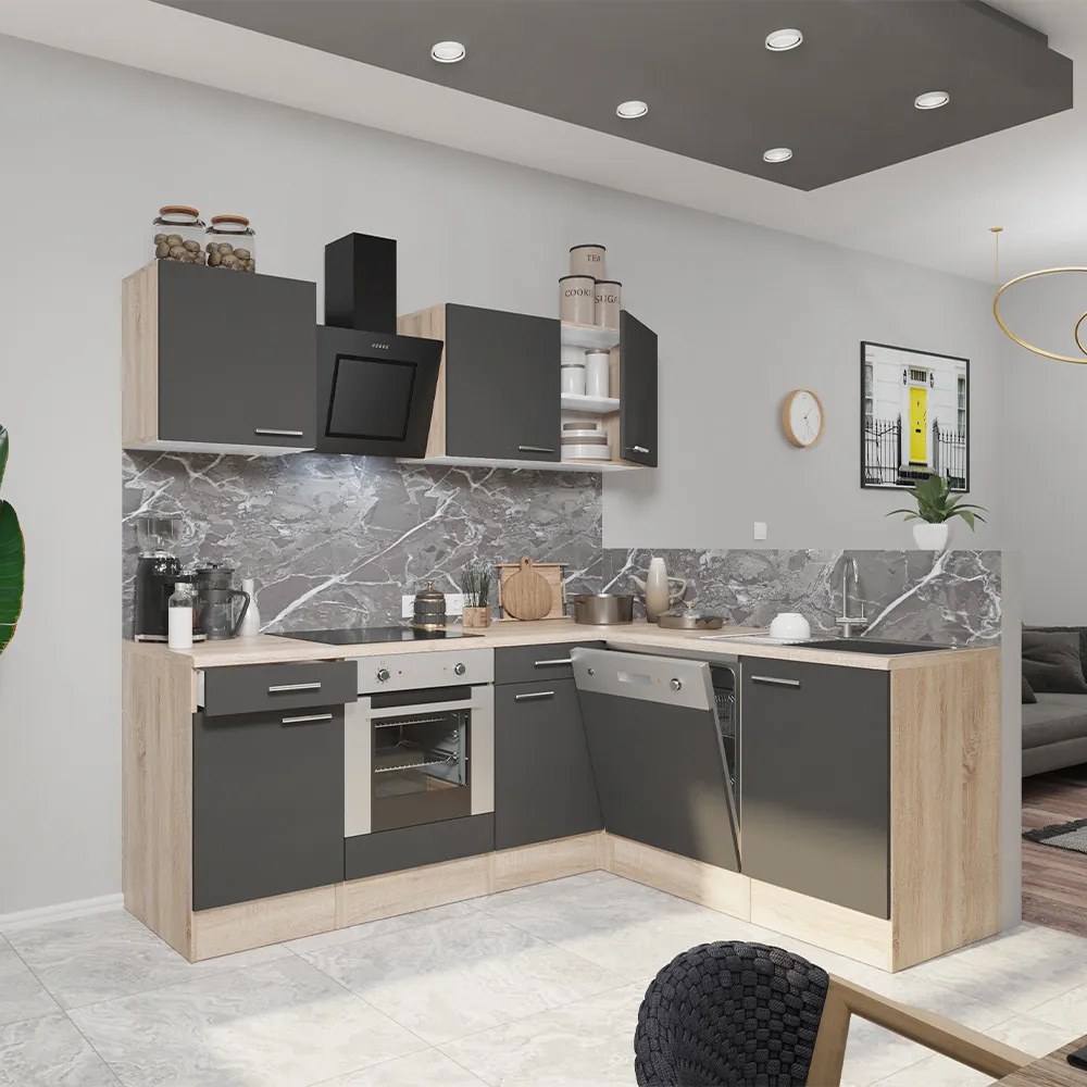 Mobilă de bucătărie de colț Yorki 220, corp din stejar sonoma, față antracit satinat, element inferior cuptor