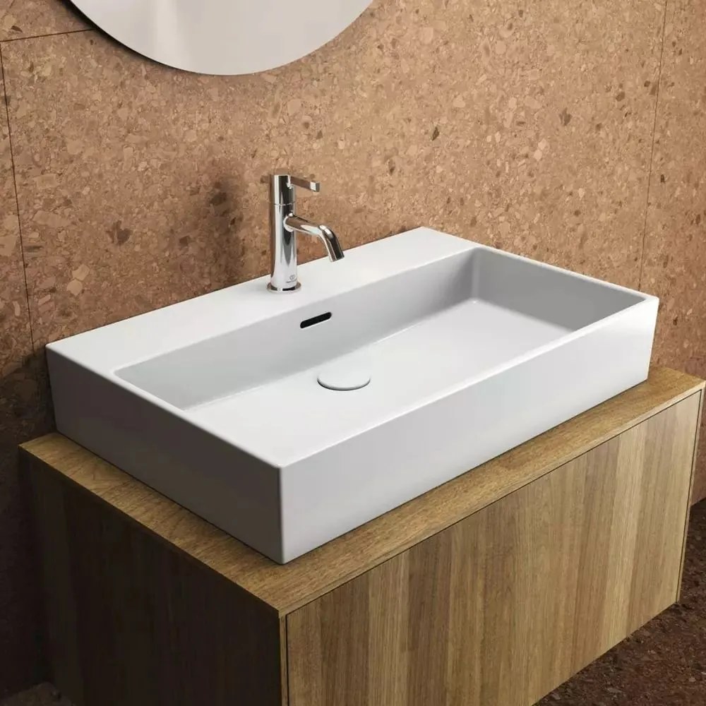 Dulap baza suspendat Ideal Standard Atelier Conca finisaj nuc inchis 1 sertar si blat cu decupaj central 80 cm