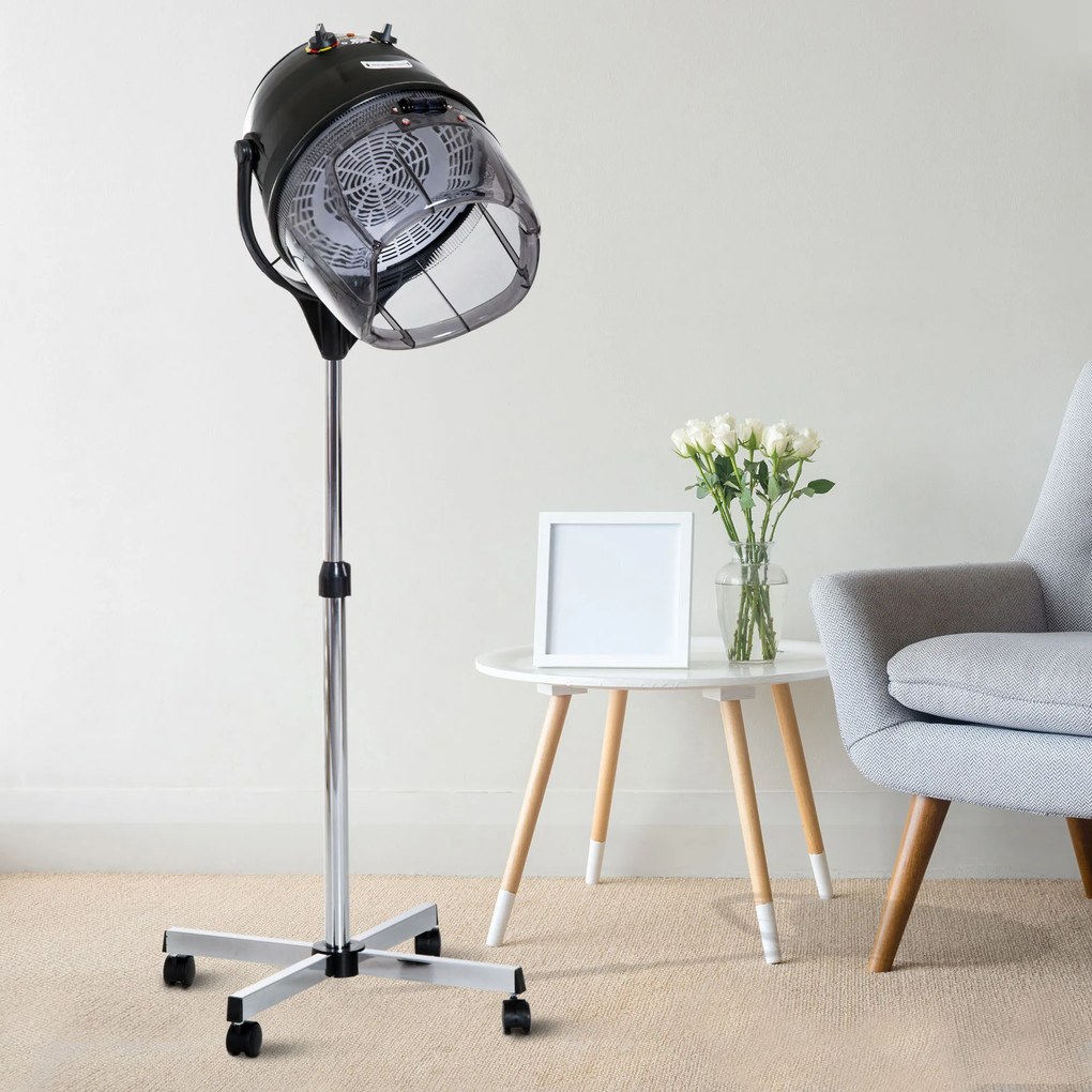 HOMCOM Cască de Uscat Părul cu Înălțime Reglabilă, Cască pentru Păr cu Timer și Roți Pivotante, 65x65x115-165 cm, Negru | Aosom Romania