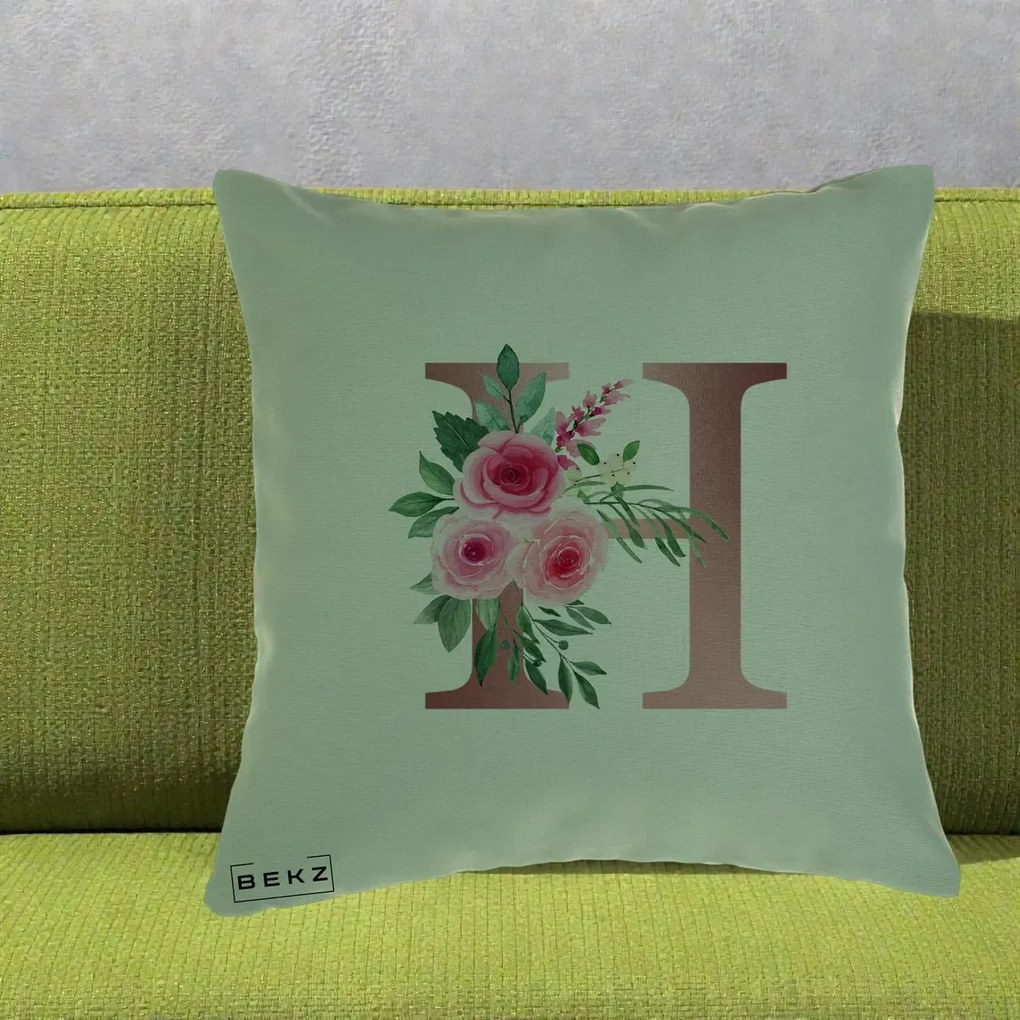 Cadou Personalizat - Perna Personalizata Monograma Rose Gold Litera H, 40x40 cm, Verde, Husa Detasabila, Perna Inclusa, BEKZ®