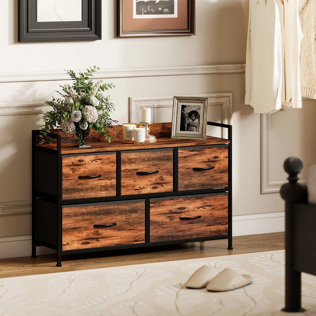 HOMCOM Comodă, mobilier de depozitare cu 5 sertare pliabile din țesătură, blat și cadru din oțel, 98 x 29 x 63 cm, maro rustic | Aosom Romania