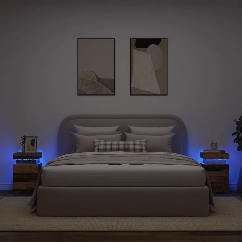 vidaXL Noptiere, 2 buc cu LED lemn învechit 35x39x55 cm lemn prelucrat