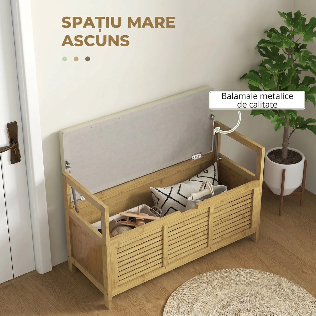 HOMCOM Banca pentru pantofi cu capac rabatabil, Banca din bambus pentru holul de la intrare cu compartiment ascuns si capitonare groasa, pentru hol