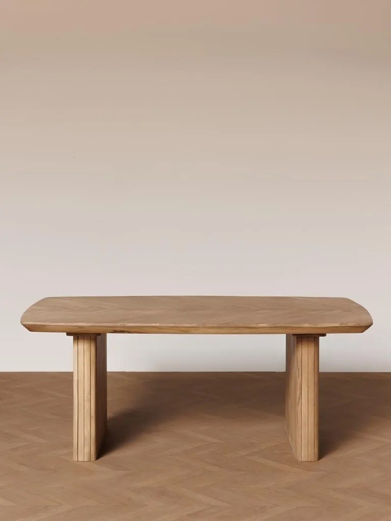 Masă dining cu blat herringbone, dreptunghiulară, din lemn de mango, natur, 8 locuri, cu picioare din lamele verticale, 77 x 190 x 95 cm, „Demira”