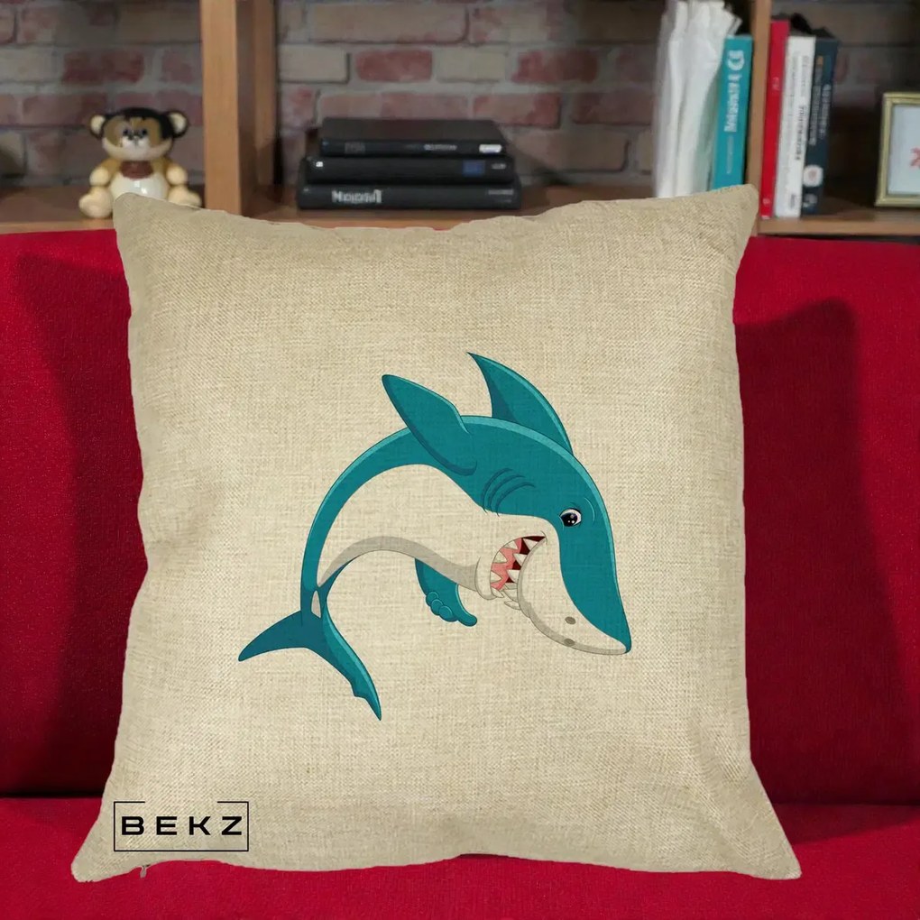 Perna Decorativa Rechin Albastru Cartoon, 40x40 cm, Crem, Husa Detasabila, Perna Inclusa, BEKZ®