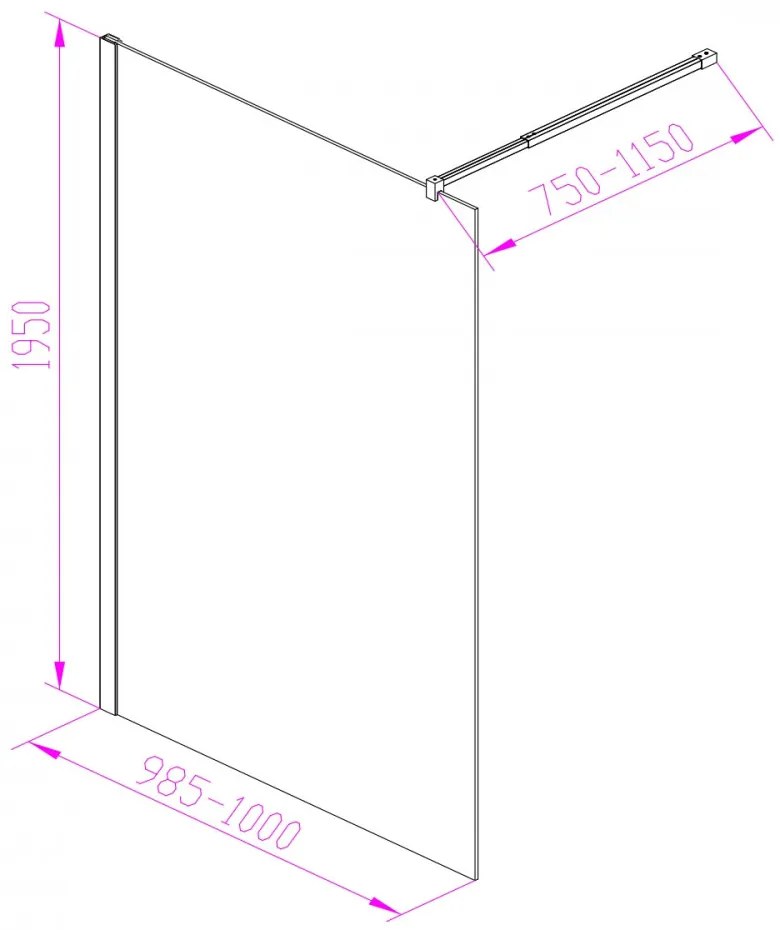 Cabină de duș Walker walk-in WI01-10 100x195 cm, cu sticlă de 8 mm