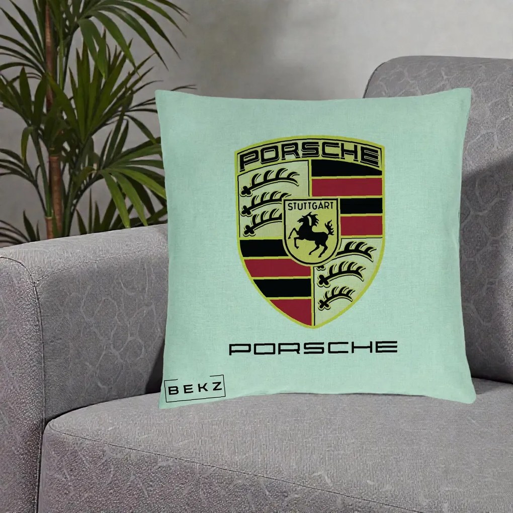 Perna Personalizata Porsche Stuttgart, 40x40 cm, Verde Menta, Husa Detasabila, Perna Inclusa, BEKZ®