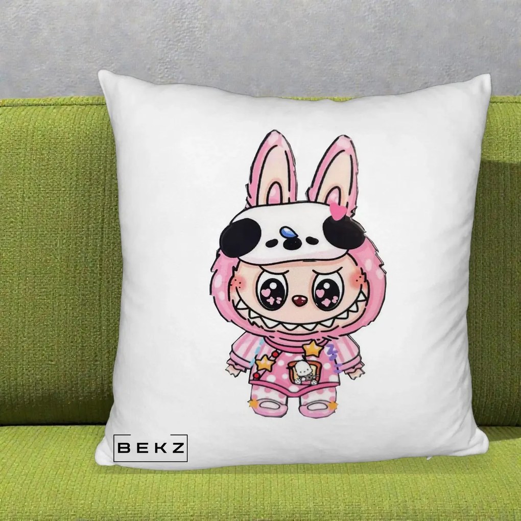 Perna Personalizata Labubu Panda-Bunny Roz, 40x40 cm, Alb Pufos, Husa Detasabila, Perna Inclusa, BEKZ®