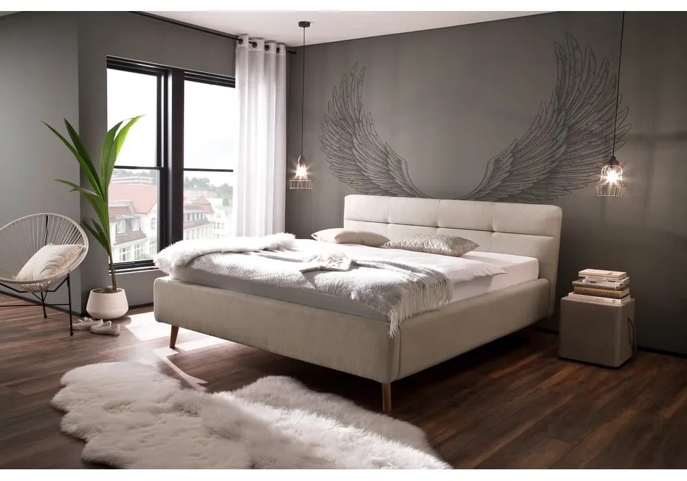 Pat matrimonial bej tapițat cu spațiu de depozitare cu somieră 160x200 cm Lotte – Meise Möbel