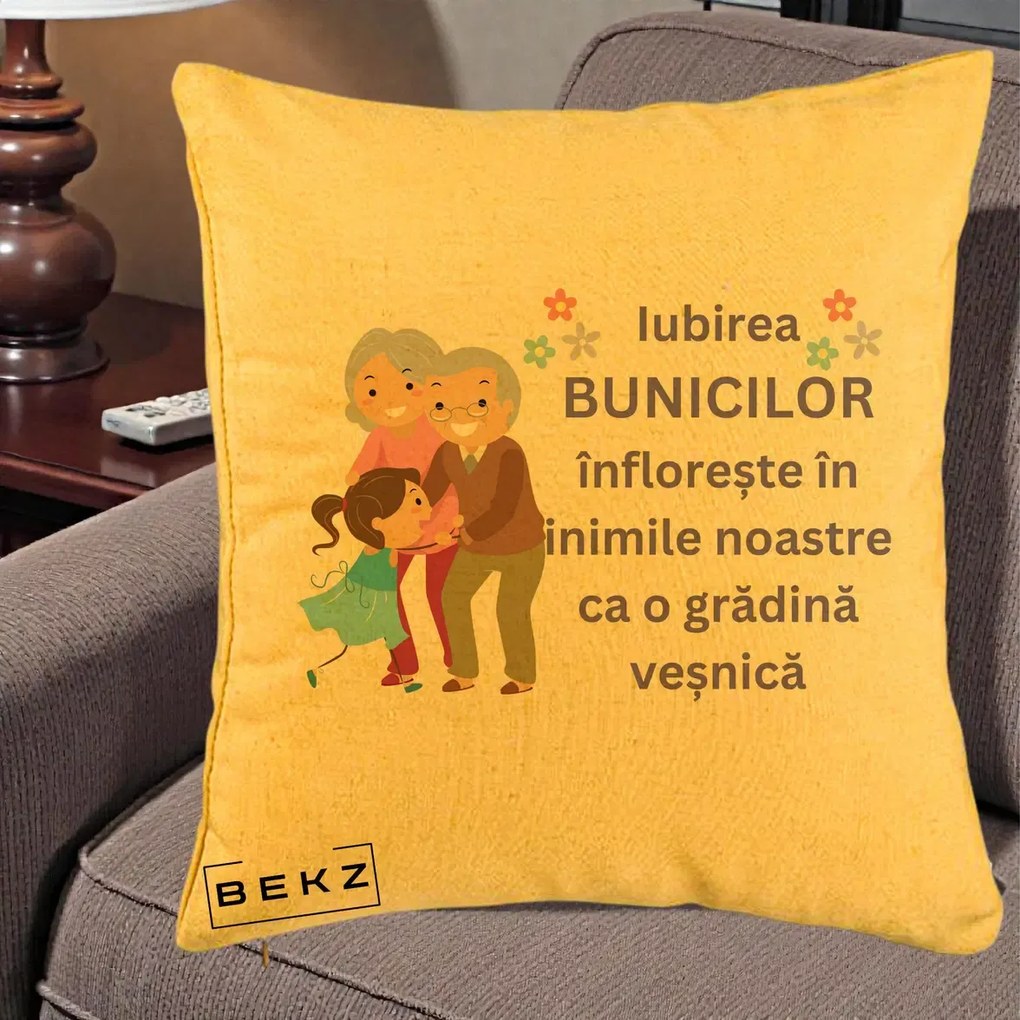 Cadou pentru Bunici - Perna Personalizata Bunicii Iubirea Infloreste Bunici cu Nepoata Colorat, 40x40 cm, Galben, Husa Detasabila, Perna Inclusa, BEKZ®