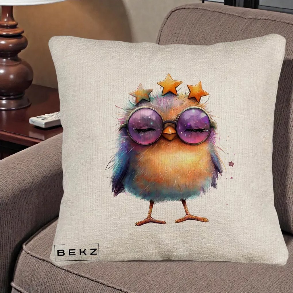 Perna Decorativa Pui Pop Star cu Ochelari Stele Violet, 40x40 cm, Bej Canapea, Husa Detasabila, Perna Inclusa, BEKZ®