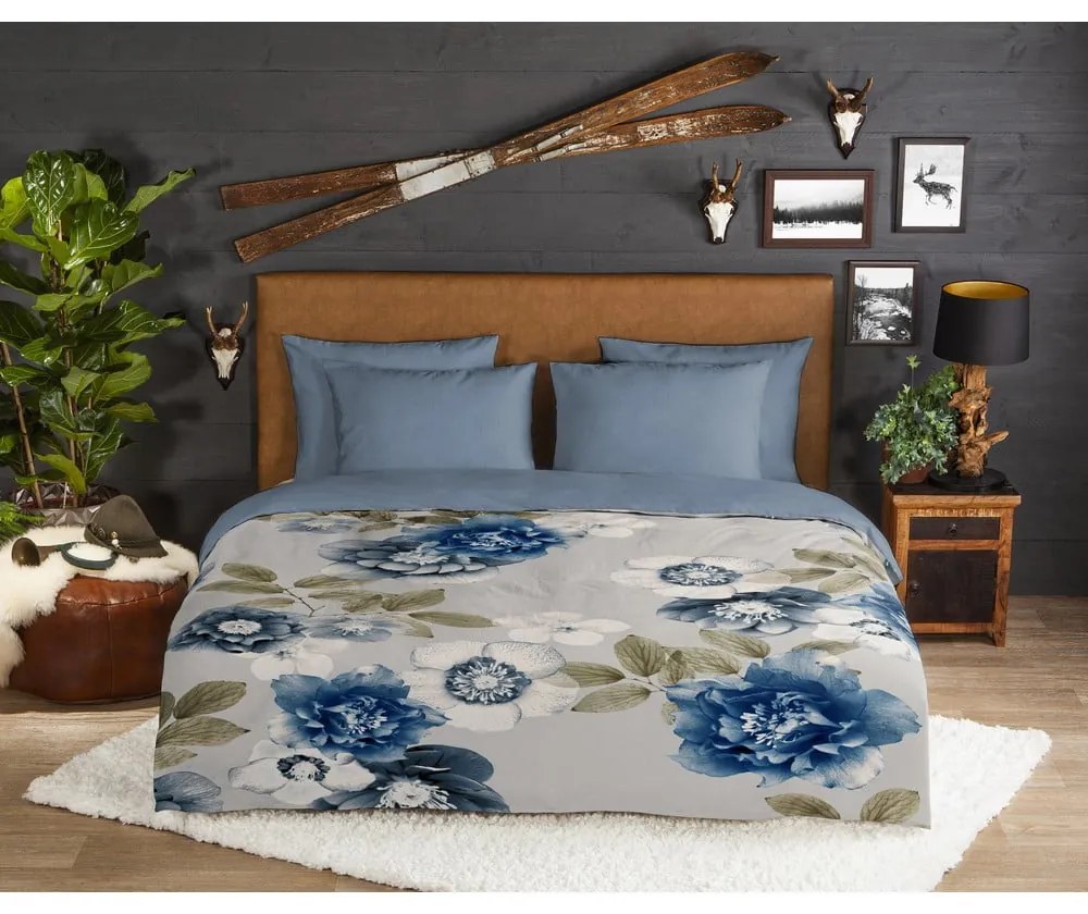 Lenjerie de pat albastră/gri din flanelă pentru pat de o persoană 140x200 cm Gabin – Good Morning