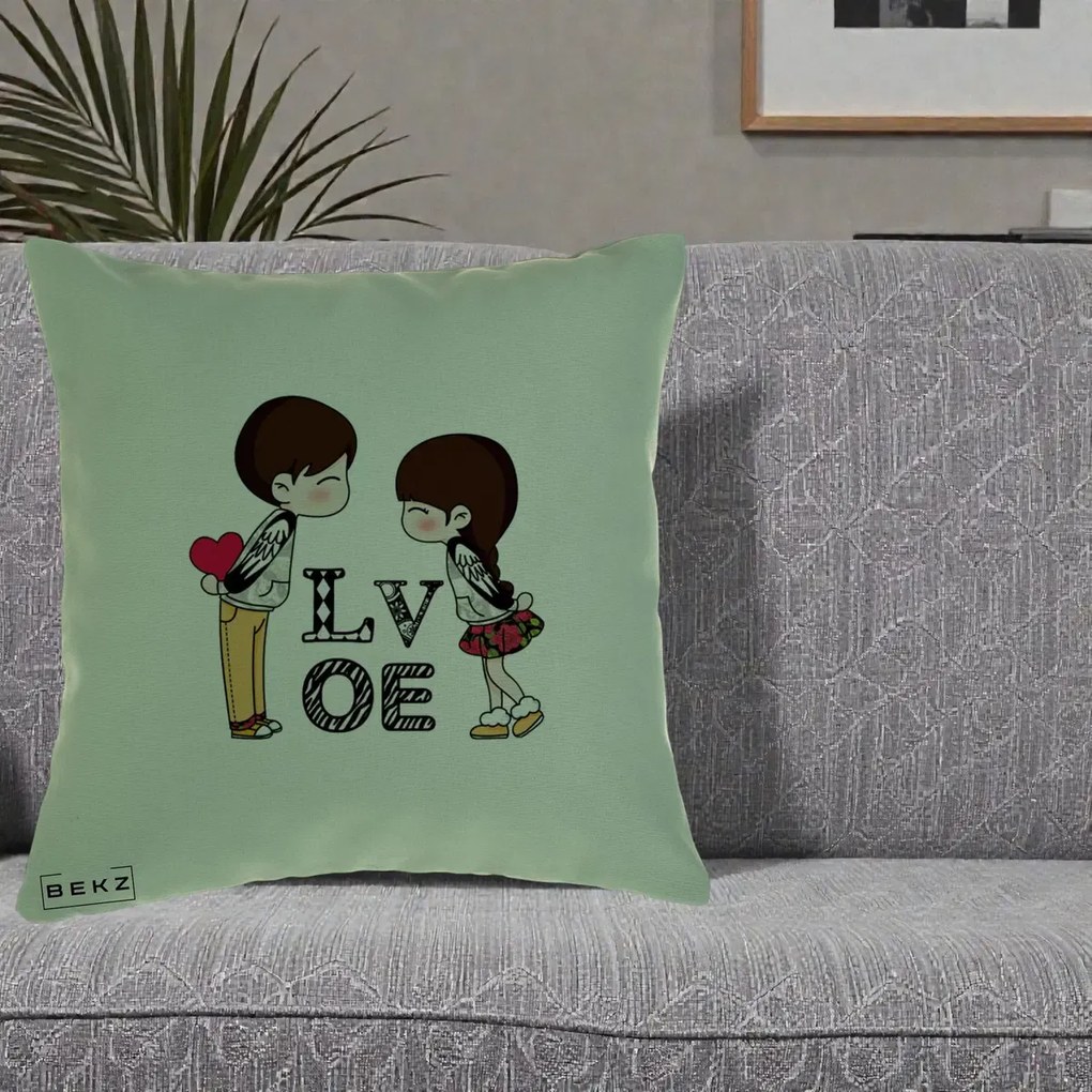 Cadou Romantic - Perna Personalizata Cuplu Kawaii LOVE, 40x40 cm, Verde, Husa Detasabila, Perna Inclusa, BEKZ®