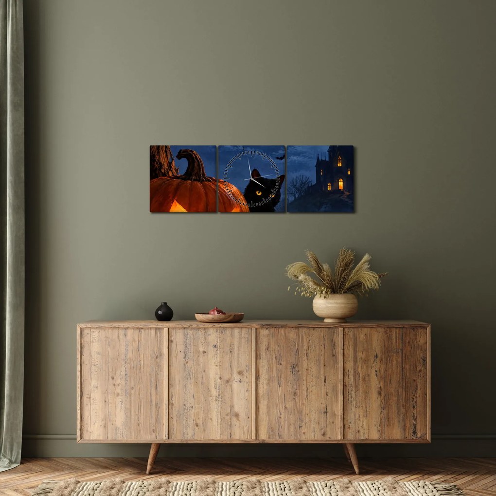 Tablou - Pisică neagră lângă un dovleac luminat de Halloween (cu ceas) (90x30 cm)