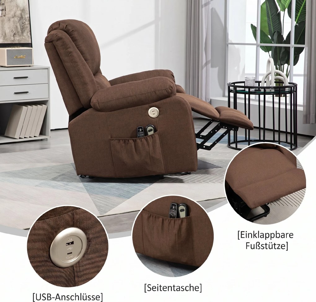 HOMCOM Scaun Electric Rabatabil cu 8 Puncte de Masaj și Suport pentru Picioare, Fotoliu Modern din Țesătură, 87x92x105 cm, Cafea | Aosom Romania