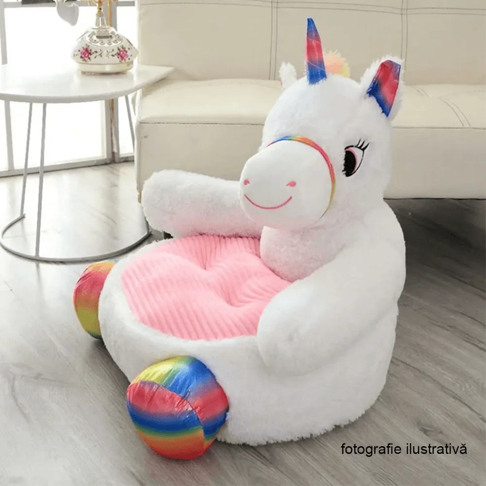 Fotoliu tip sac unicorn, alb roz amestec de culori, BUFEL