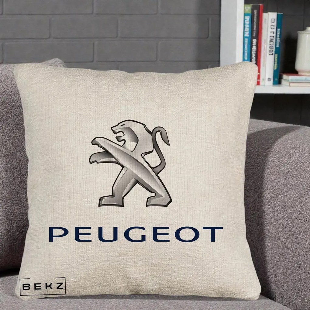 Perna Personalizata cu emblema Peugeot, 40x40 cm, Bej Canapea, Husa Detasabila, Perna Inclusa, BEKZ®