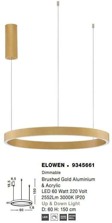 Lustra LED design circular cu iluminat sus si jos ELOWEN auriu, diametru 60cm