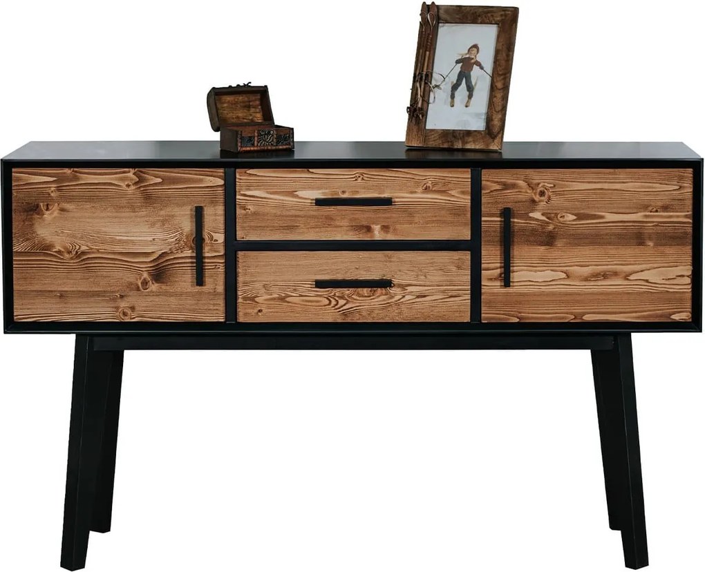 Consolă lemn masiv Timeless 2 Sertare 2 Uși Negru, 138 × 38 × 80 cm
