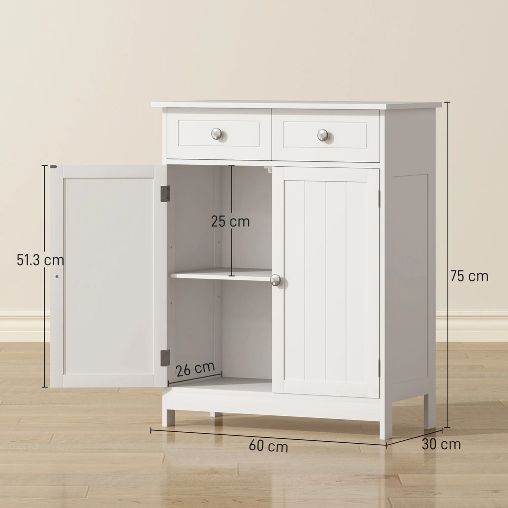 kleankin Dulap de Depozitare Organizator Independent pentru Baie de Podea cu 2 Usi, 2 Sertare si Raft Reglabil, Alb | Aosom Romania