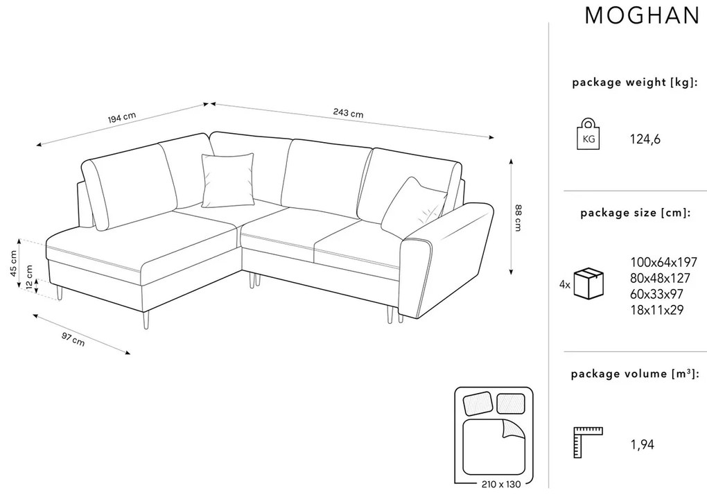 Coltar extensibil stanga 5 locuri, Moghan, Micadoni Home, GL, 243x194x88 cm, catifea, albastru regal