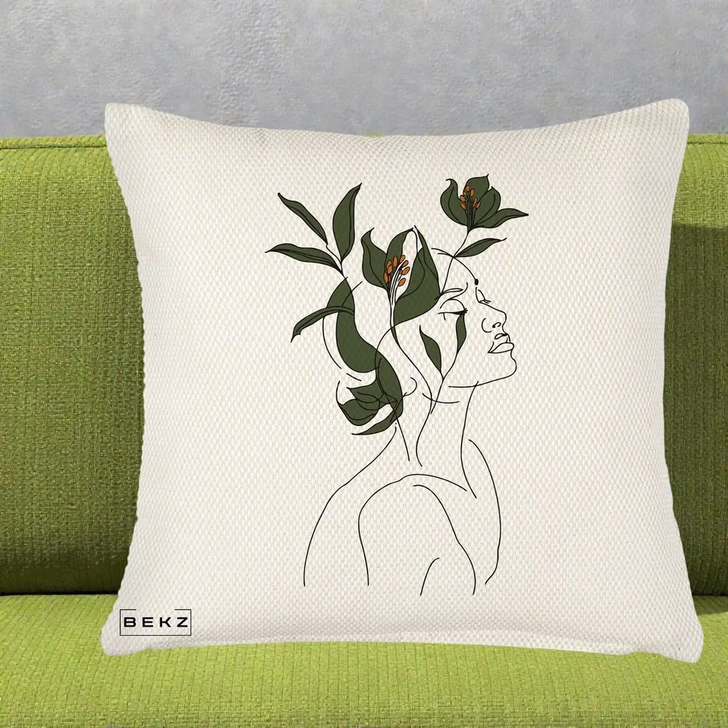 Perna Decorativa Portret Feminin Crin Verde, 40x40 cm, Crem Reliefat, Husa Detasabila, Perna Inclusa, BEKZ®