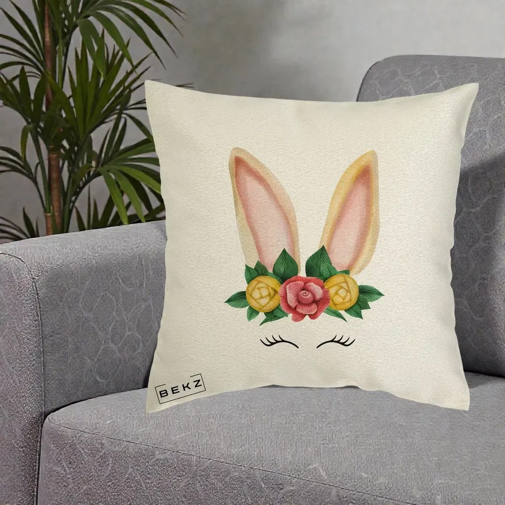 Perna Decorativa Iepuras Flori Urechi Pastelui, 40x40 cm, Ecru, Husa Detasabila, Perna Inclusa, BEKZ®