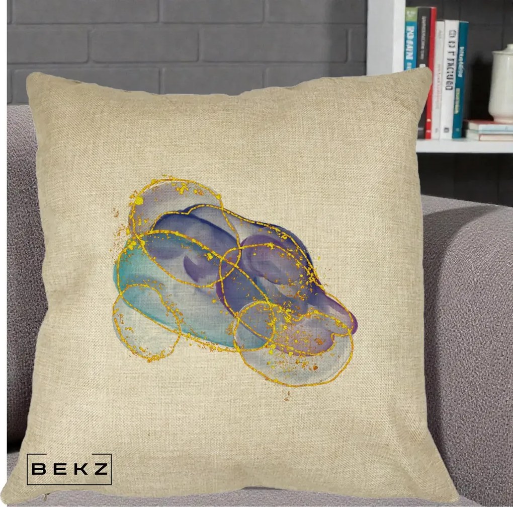 Perna Decorativa Abstract Acuarela Albastru-Mov cu Cercuri Aurii, 40x40 cm, Crem, Husa Detasabila, Perna Inclusa, BEKZ®