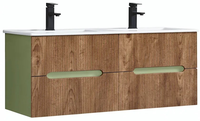 Trent 120 dulap de baie inferior cu chiuvetă ceramică (4 sertare) verde fistic - stejar apus de soare