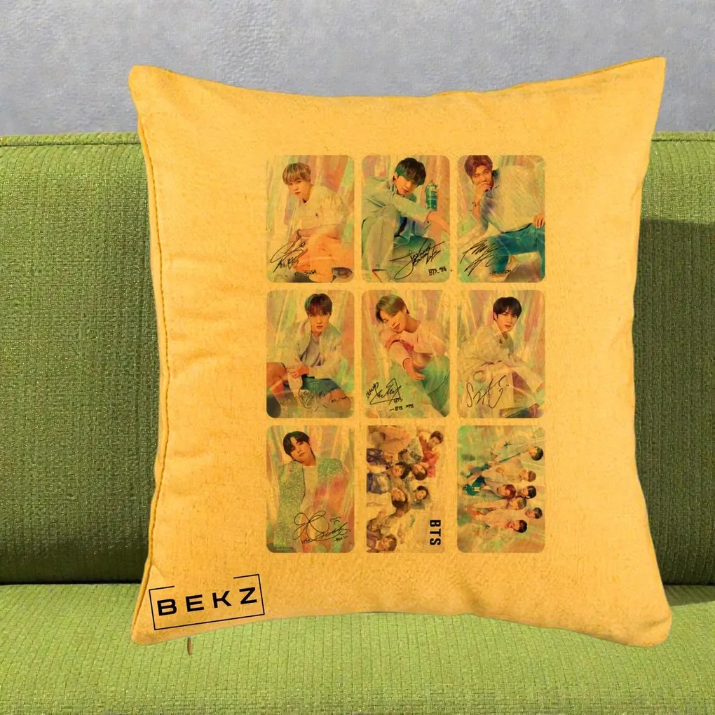 Perna Personalizata K-pop BTS Colaj 9 Fotografii Autografe Individual, 40x40 cm, Galben, Husa Detasabila, Perna Inclusa, BEKZ®
