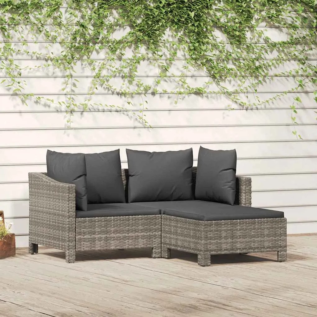 vidaXL Set mobilier de grădină cu perne, 3 piese, gri, poliratan