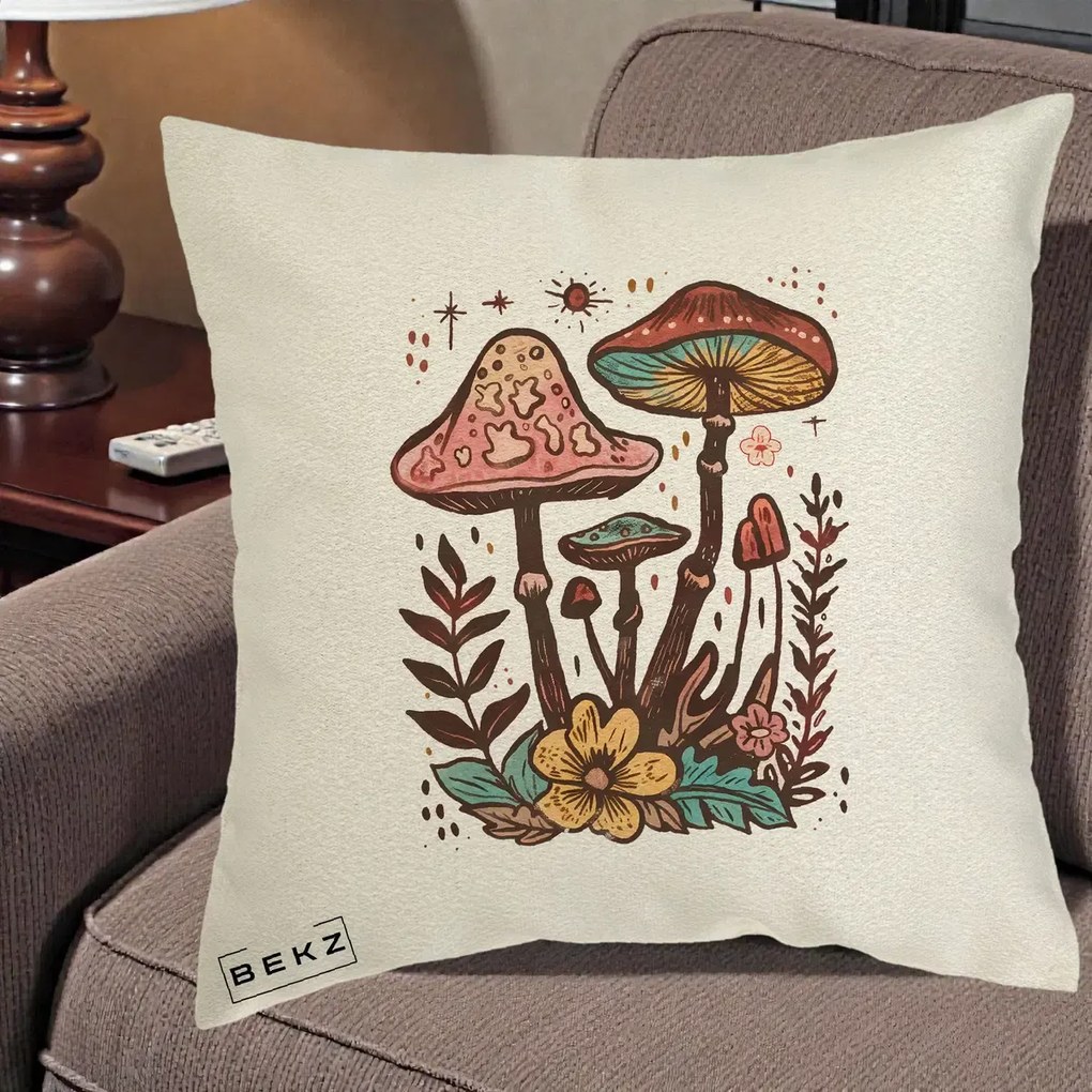 Perna decorativa Ciuperci Boho Multicolore, 40x40 cm cu Umplutura, Ecru, BEKZ