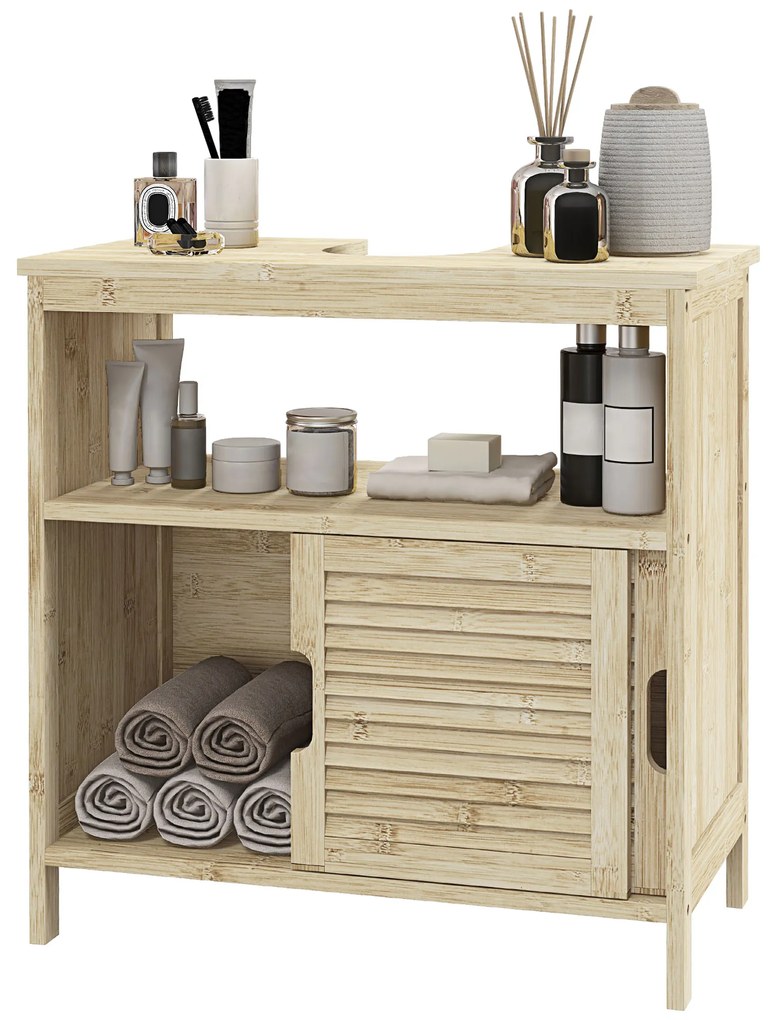 HOMCOM Mobilă sub lavabo din Bambus, Mobilă de Depozitare pentru Baie cu 2 Uși, 60 x 30 x 60 cm, Lemn Natural | Aosom Romania