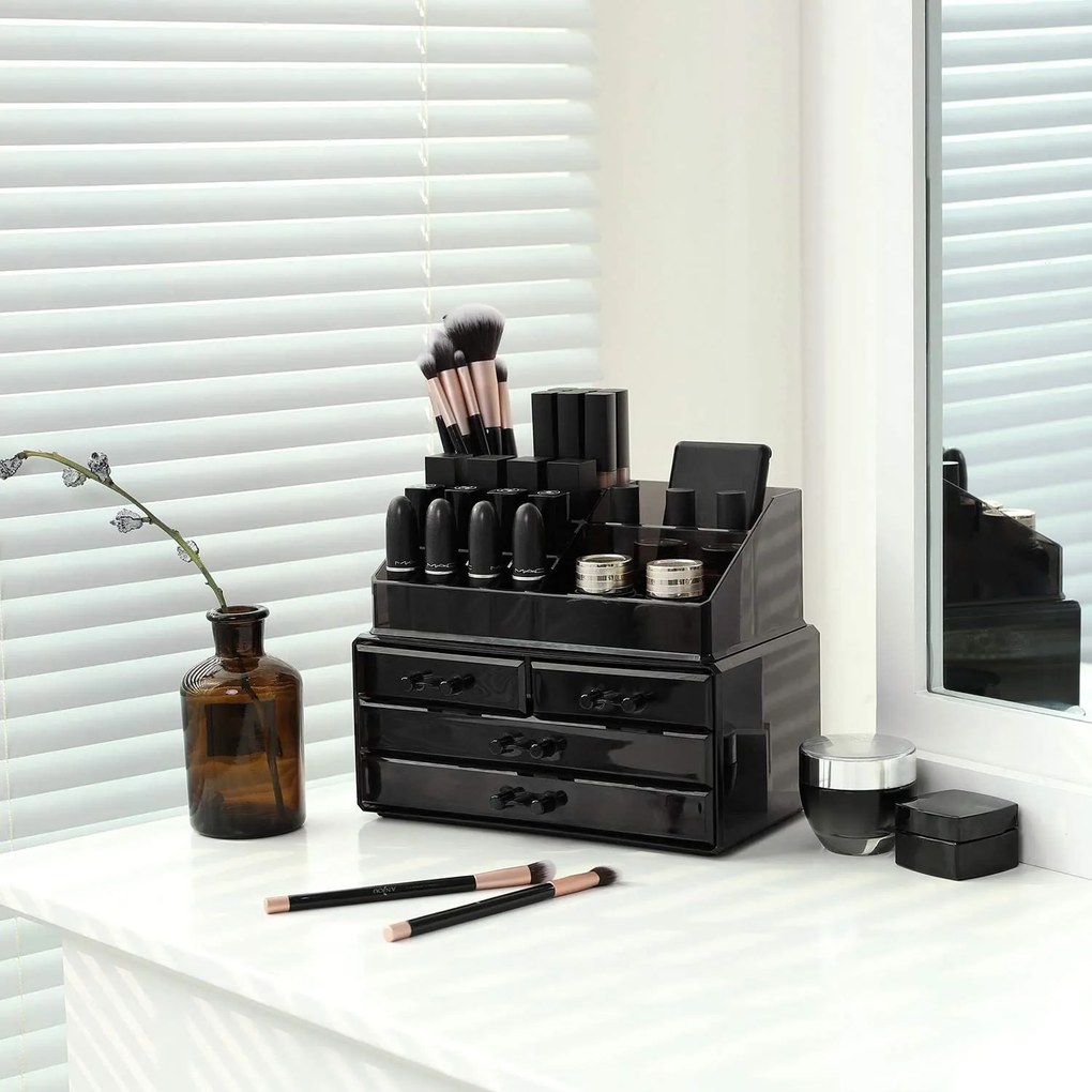 Organizator cu 4 sertare pentru make up şi cosmetică, negru,