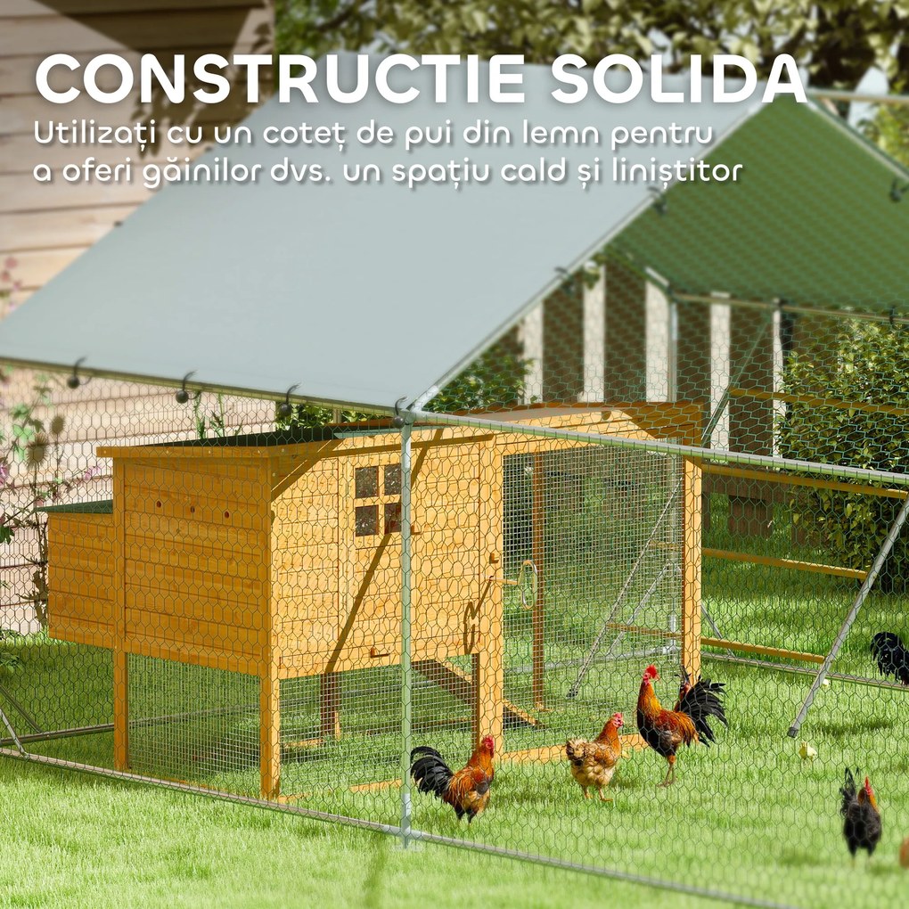 PawHut Coteț pentru Găini cu Acoperiș Impermeabil și Rezistent la UV, Hrănitor și Usă, 300x400x195 cm, Argintiu | Aosom Romania