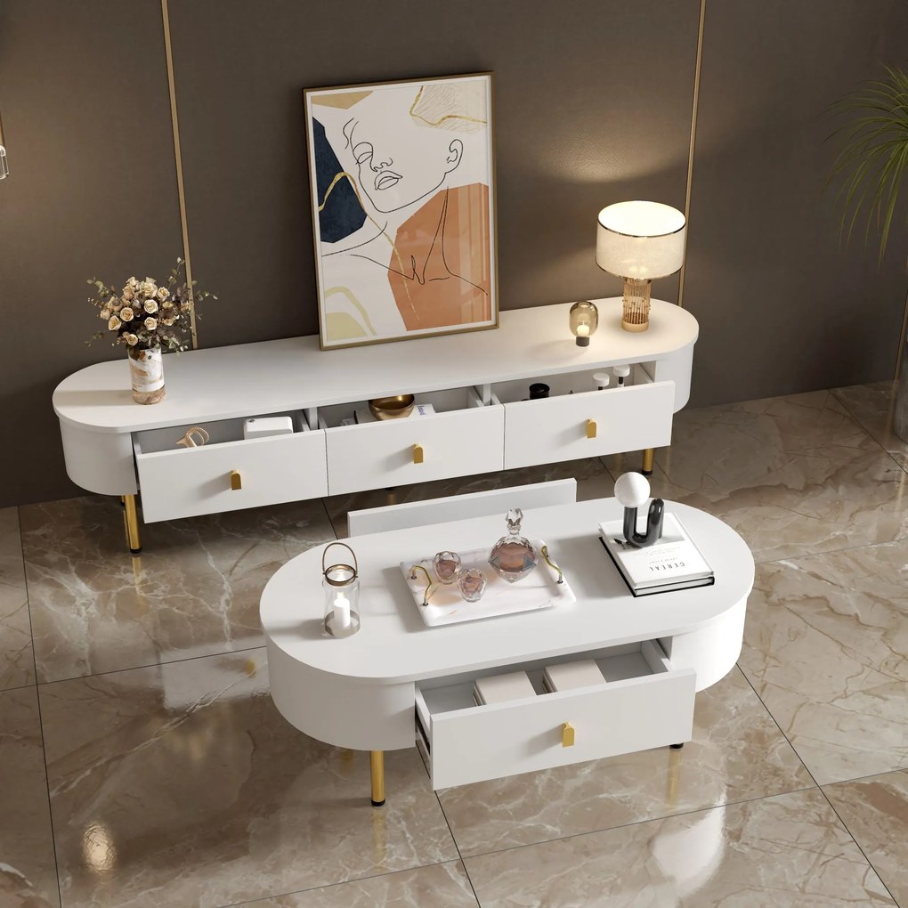 TV-dulap-masă de cafea-combinație, living-combinație cu sertare și colțuri rotunjite, Alb+Auriu