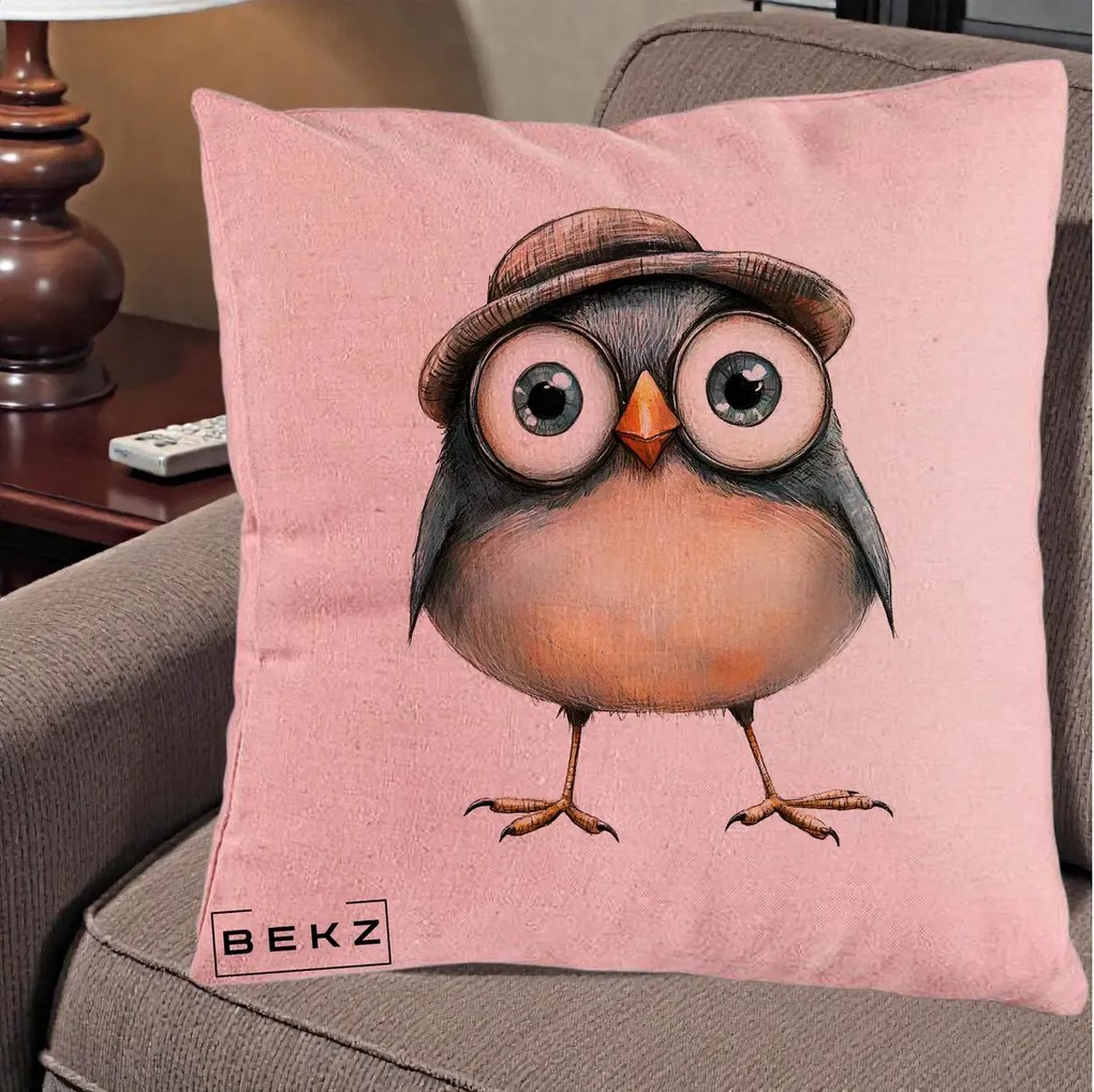 Perna Decorativa Pui cu Palarie Rotunda, 40x40 cm, Roz, Husa Detasabila, Perna Inclusa, BEKZ®